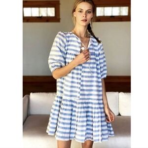 Emerson Fry India Collection Mini Dress Blue White Tiered Short Sleeve XS